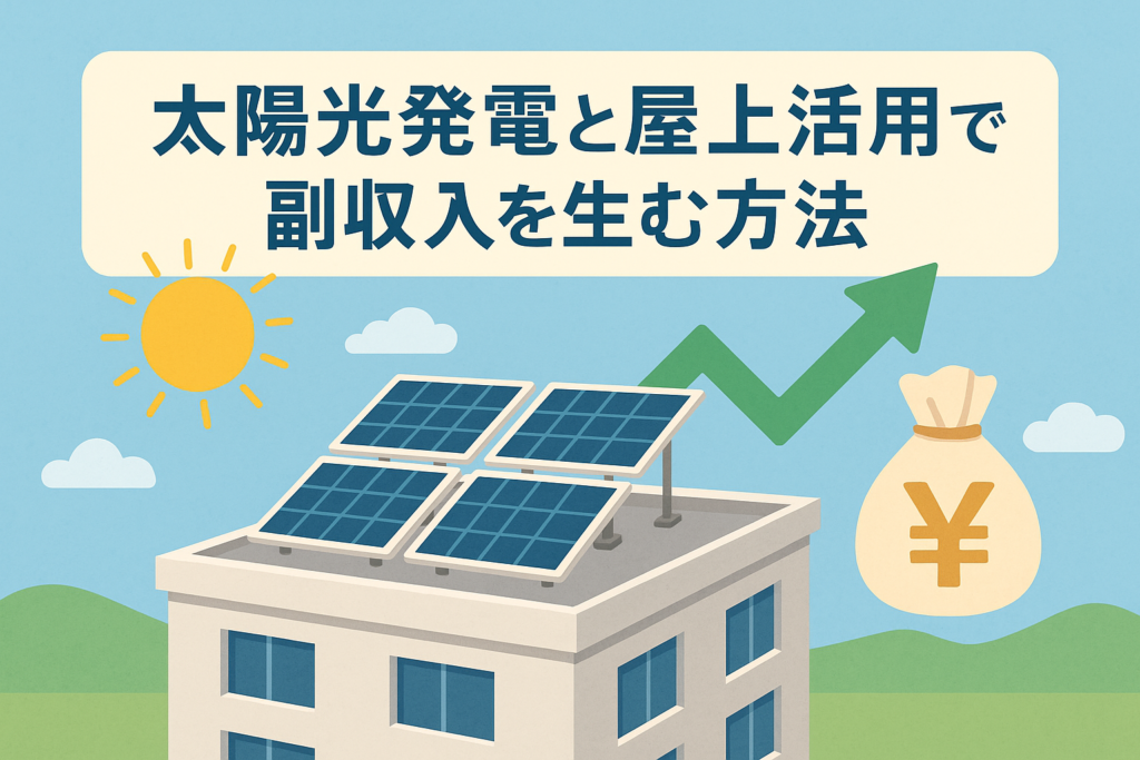 太陽光パネルを設置した建物の屋上と、収益アップを示す上向き矢印やお金のアイコンが描かれたイラストで、太陽光発電と屋上活用による副収入イメージを表した画像。