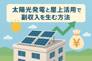 太陽光パネルを設置した建物の屋上と、収益アップを示す上向き矢印やお金のアイコンが描かれたイラストで、太陽光発電と屋上活用による副収入イメージを表した画像。