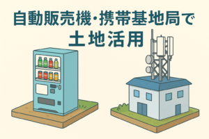 自動販売機と携帯基地局のイラストで、土地活用による副収入をわかりやすく表現したアイキャッチ画像。
