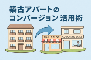 築古アパートがネイルサロンやコワーキングスペースへ用途変更される様子を描いたイラストで、コンバージョン活用を直感的に表現したアイキャッチ画像。