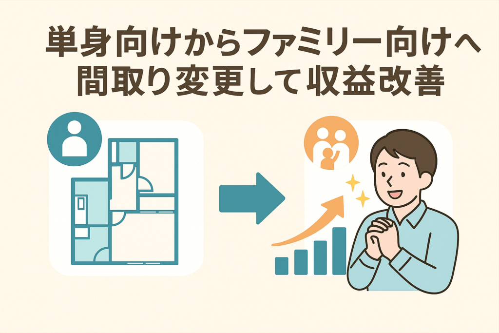 単身向け物件の間取りからファミリー向けの広い間取りへ変更し、収益が改善する様子を示したイラストのアイキャッチ画像。