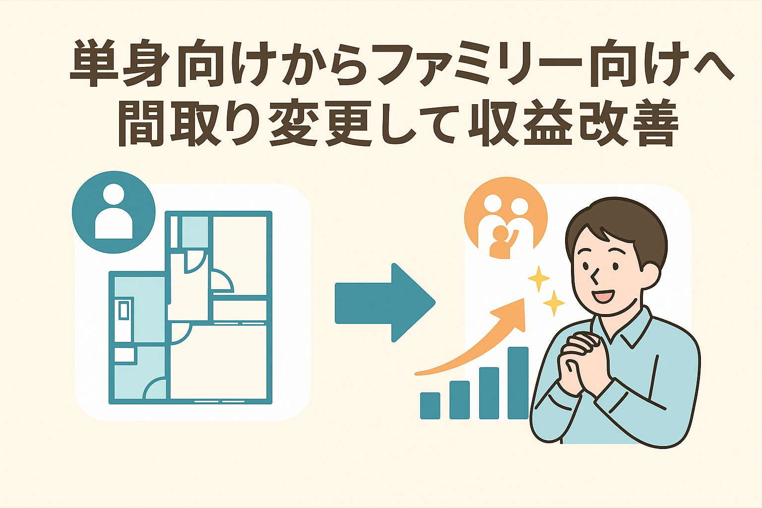 単身向け物件の間取りからファミリー向けの広い間取りへ変更し、収益が改善する様子を示したイラストのアイキャッチ画像。