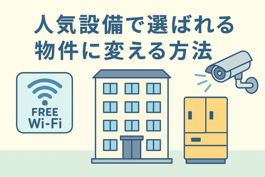 フリーWi-Fi、宅配ボックス、防犯カメラなどの人気設備がそろった賃貸物件をイメージしたイラストで、設備を充実させて選ばれる物件に変えるテーマを表現したアイキャッチ画像。