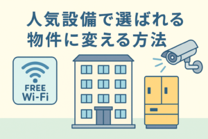フリーWi-Fi、宅配ボックス、防犯カメラなどの人気設備がそろった賃貸物件をイメージしたイラストで、設備を充実させて選ばれる物件に変えるテーマを表現したアイキャッチ画像。