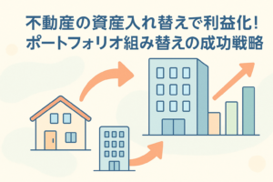 不動産の資産入れ替えやポートフォリオの組み替えによる収益改善をイメージしたイラストで、複数の建物・矢印・グラフを組み合わせ、資産移動と利益成長を視覚的に表現した画像。