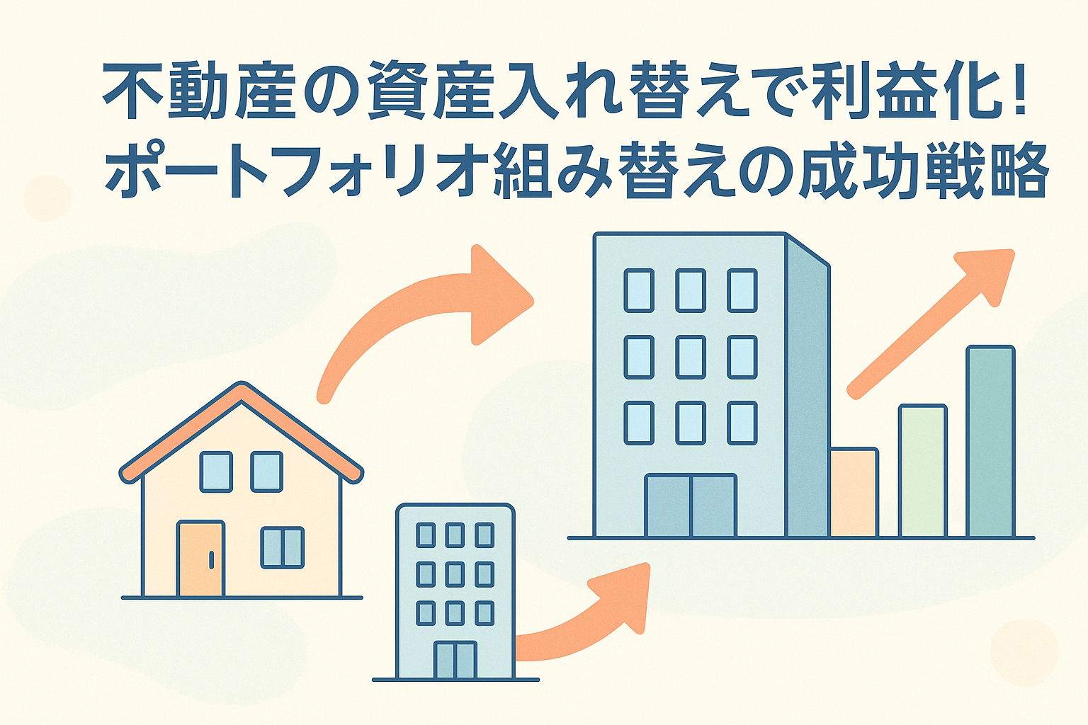 不動産の資産入れ替えやポートフォリオの組み替えによる収益改善をイメージしたイラストで、複数の建物・矢印・グラフを組み合わせ、資産移動と利益成長を視覚的に表現した画像。