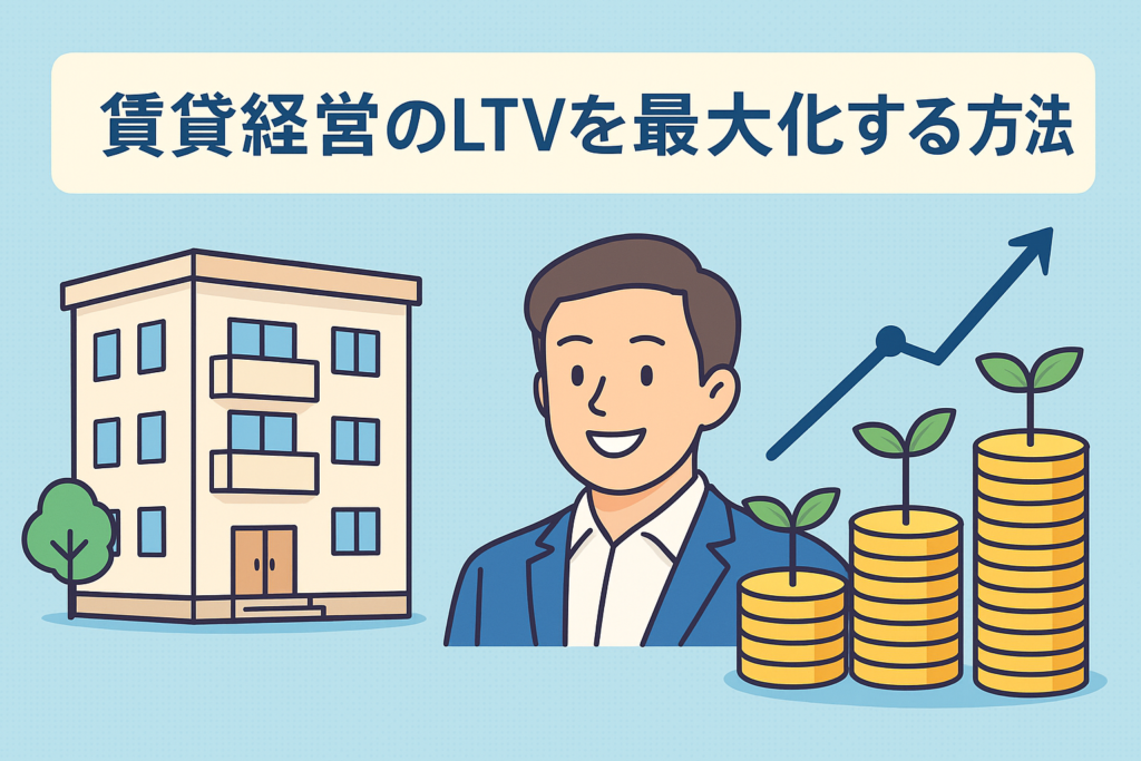 賃貸経営のLTV向上をテーマに、アパートの建物、オーナーの人物イラスト、成長するコインと上昇するグラフを配置し、LTV最大化を直感的に表現したアイキャッチ画像。