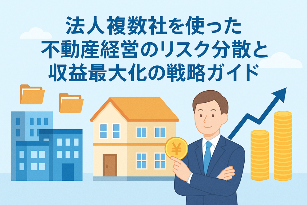 複数法人を使った不動産経営の戦略をイメージ化したアイキャッチ画像。オフィスビルと住宅、書類フォルダ、ビジネスマン、上昇するグラフを配置し、リスク分散と収益最大化を視覚的に伝えるデザイン。