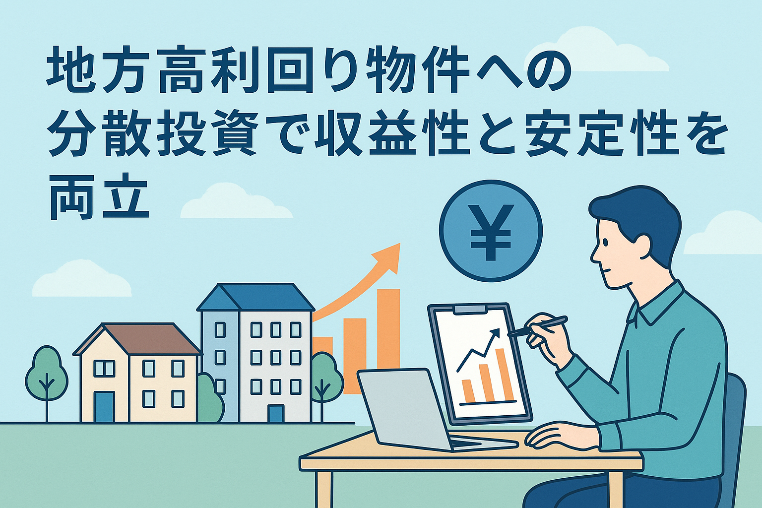 地方の高利回り物件への分散投資をテーマに、複数の住宅イラストと投資分析を行う人物、上昇グラフと円マークを配置し、収益性と安定性の両立を視覚的に表現したアイキャッチ画像。