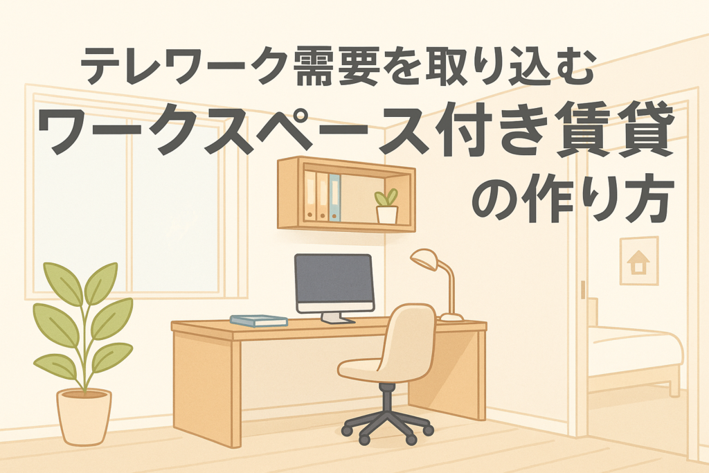 テレワーク需要に対応したワークスペース付き賃貸をイメージしたイラストで、デスク・椅子・パソコン・照明・収納棚などが整った清潔感あるホームオフィス空間を描き、日本語タイトル「テレワーク需要を取り込むワークスペース付き賃貸の作り方」を配置したアイキャッチ画像。