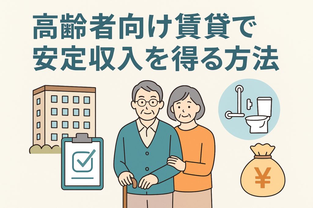 高齢者向け賃貸で安定収入を得る方法をテーマにしたアイキャッチ画像で、高齢者夫婦と賃貸マンション、バリアフリー設備のイラストが描かれた親しみやすいデザイン。
