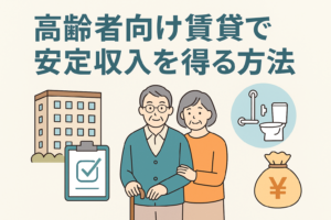 高齢者向け賃貸で安定収入を得る方法をテーマにしたアイキャッチ画像で、高齢者夫婦と賃貸マンション、バリアフリー設備のイラストが描かれた親しみやすいデザイン。