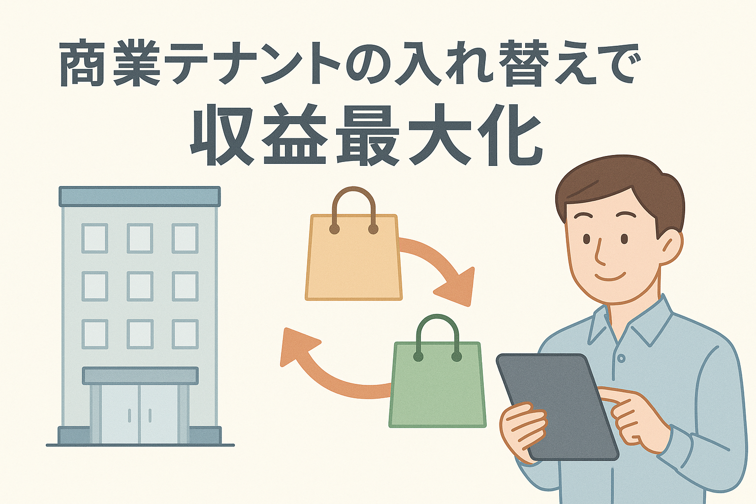 商業テナントの入れ替えによる収益最大化を表現したアイキャッチ画像で、商業ビル、テナント交換を示す矢印付きショッピングバッグ、タブレットを操作する人物が描かれた親しみやすいデザイン。