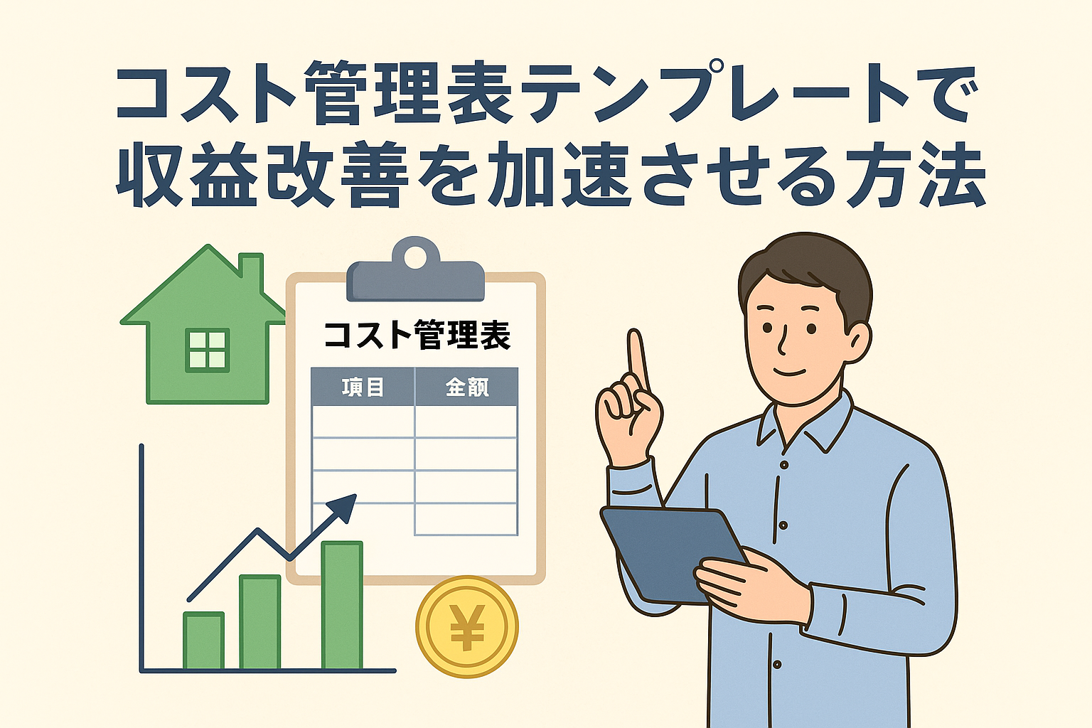 コスト管理表テンプレートによる収益改善をテーマに、管理表・家のアイコン・上昇グラフ・タブレットを持つ人物が描かれた、親しみやすいパステル調のアイキャッチ画像。