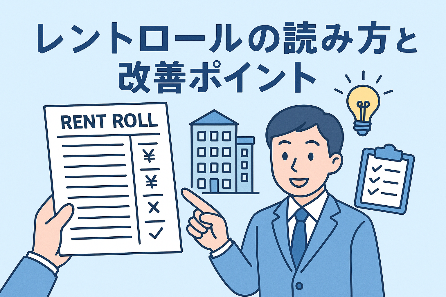 レントロールの読み方と改善ポイントをテーマに、家賃表のイラスト、上昇グラフ、建物のアイコン、タブレットでデータを確認する人物が描かれた、淡い色調のアイキャッチ画像。