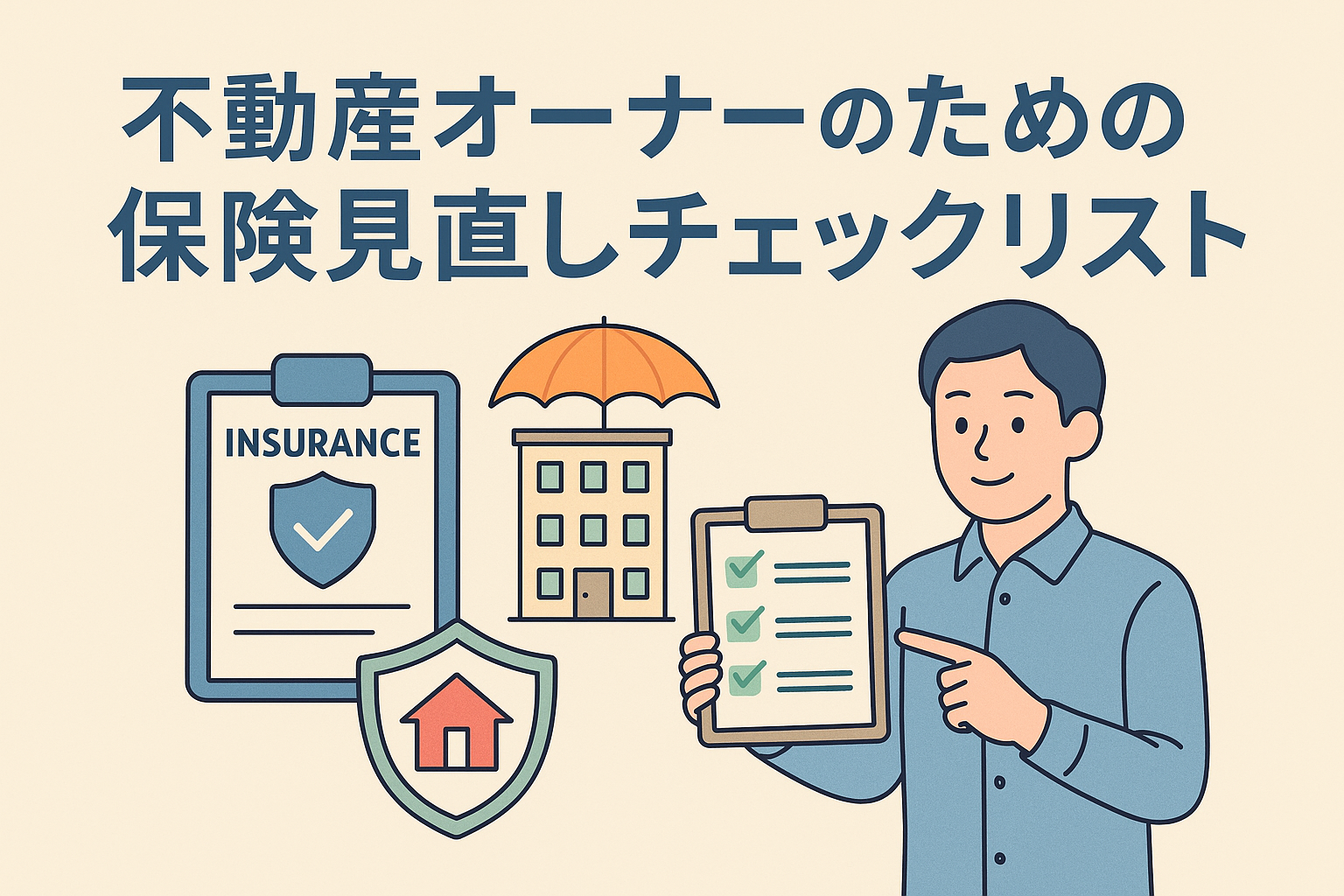 不動産オーナー向けに保険の見直しポイントを示すチェックリストをイメージしたイラストで、男性がクリップボードを持ち、周囲に保険証券や建物、シールドアイコンが配置されている。