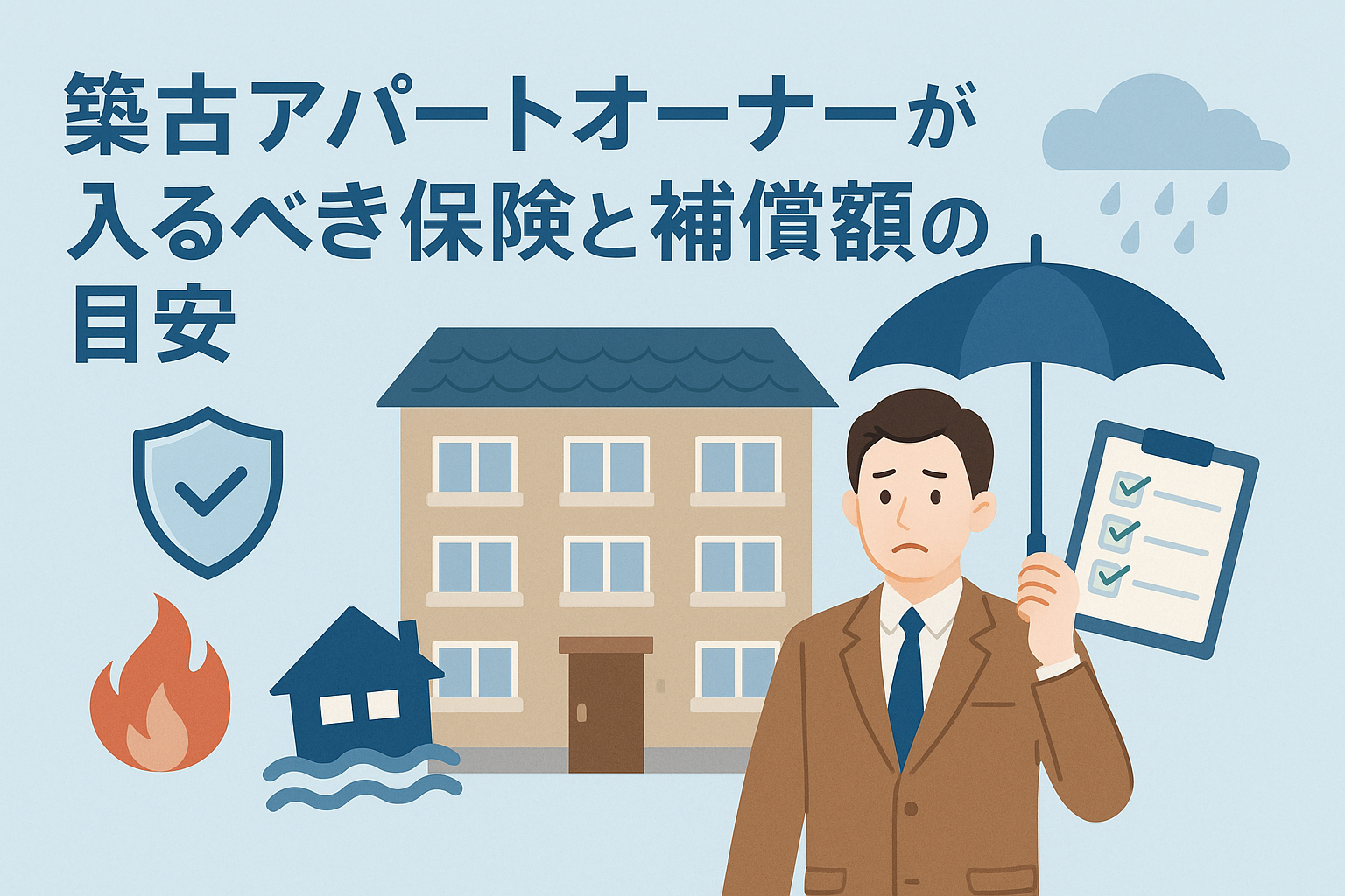 築古アパートと傘を持つオーナーの男性が描かれ、火災・水害・補償チェックリストなどのアイコンとともに保険の必要性を表現したイラスト。