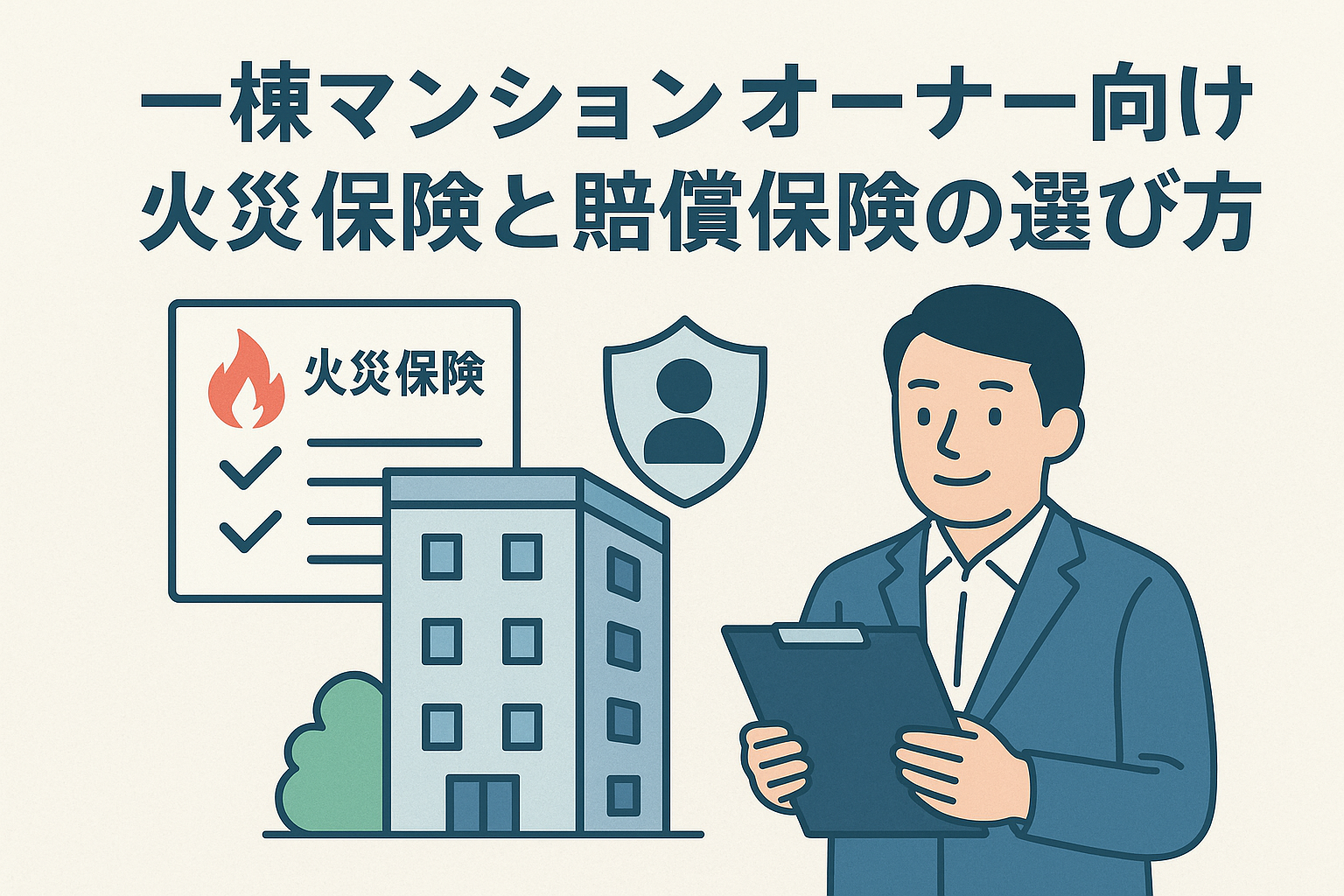 一棟マンションのイラストと、火災保険のチェックリストや人のシルエット入りシールドアイコン、クリップボードを持つオーナーが描かれた、一棟マンションオーナー向け火災保険と賠償保険の選び方を表現した画像。