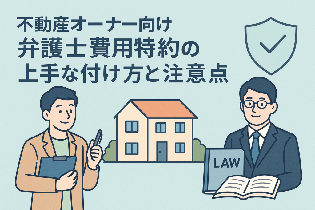 弁護士費用特約を検討する不動産オーナーと、法律書を持つ弁護士が対話している様子を描いたイラストで、賃貸経営のトラブル対策として弁護士費用特約の重要性を伝える画像。
