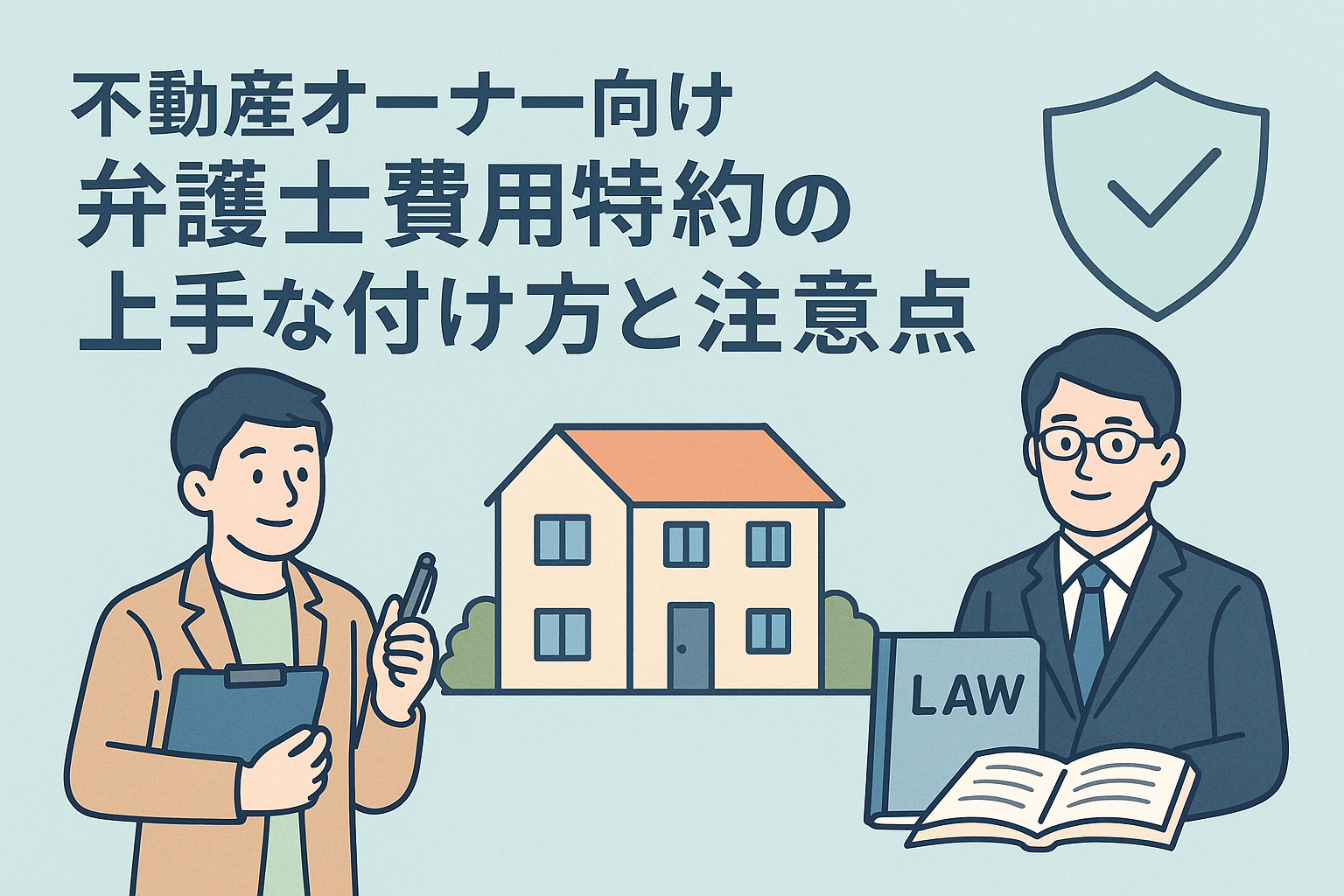 弁護士費用特約を検討する不動産オーナーと、法律書を持つ弁護士が対話している様子を描いたイラストで、賃貸経営のトラブル対策として弁護士費用特約の重要性を伝える画像。