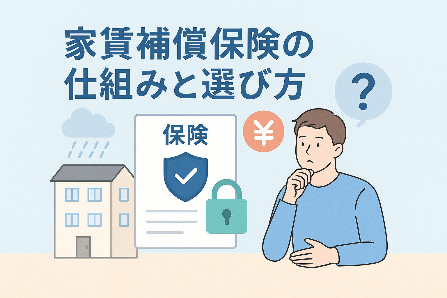 家賃補償保険の仕組みと選び方を示すイラストで、住宅、保険の書類、雨による被害、鍵のアイコン、考える男性などが配置され、家賃が止まるリスクと保険の重要性をわかりやすく表現した画像。