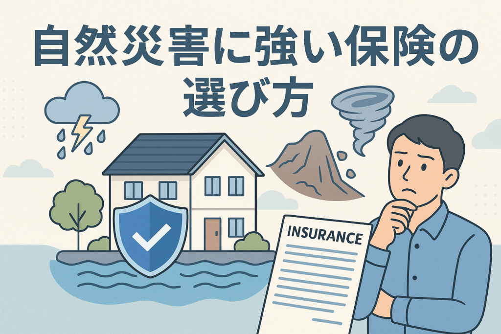 自然災害に強い保険の選び方を説明するために、住宅と水害・雷・土砂災害・竜巻などの災害イラスト、考える男性、保険証券を組み合わせて表現した画像。