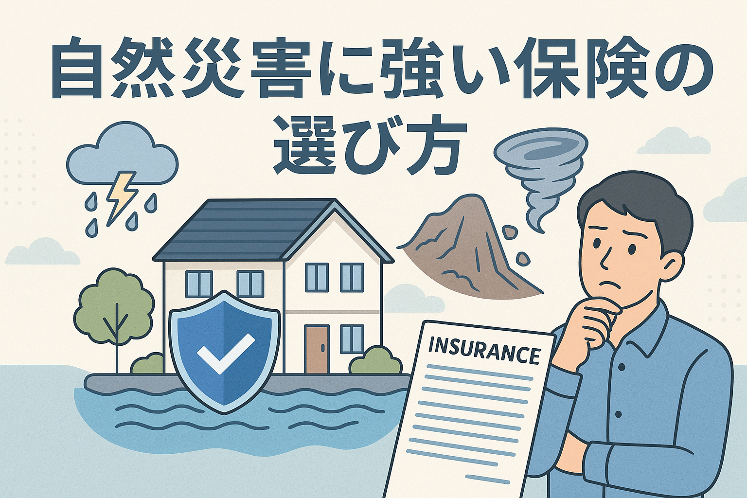自然災害に強い保険の選び方を説明するために、住宅と水害・雷・土砂災害・竜巻などの災害イラスト、考える男性、保険証券を組み合わせて表現した画像。