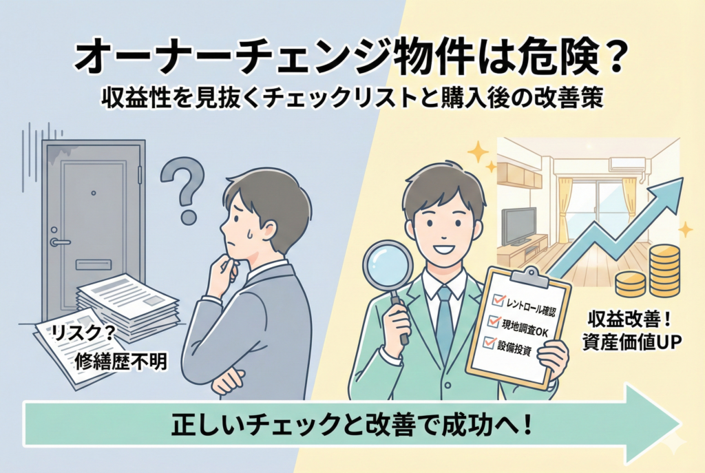 オーナーチェンジ物件の危険性と対策を示すアイキャッチ画像。左側では「リスク?」「修繕歴不明」の書類前で悩む姿を、右側では虫眼鏡と「レントロール確認」「現地調査OK」のチェックリストを持ち、収益改善と資産価値UPを実現して笑顔になる姿を対比させ、「正しいチェックと改善で成功へ!」という流れを親しみやすいイラストで表現している。