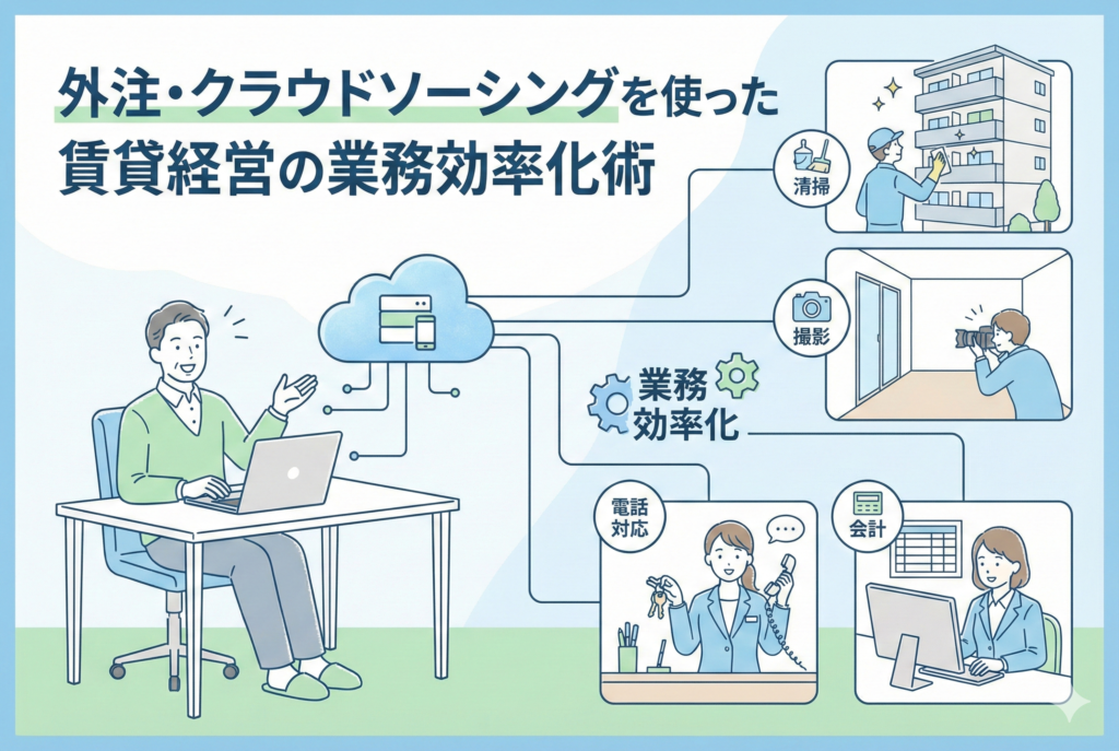パソコンを操作する大家さんがクラウドソーシングの仕組みを使って、清掃・物件撮影・電話対応・会計といった賃貸管理業務を外部のプロに依頼し、業務効率化を実現している様子を描いたイラスト。「外注・クラウドソーシングを使った賃貸経営の業務効率化術」というタイトル文字入り。
