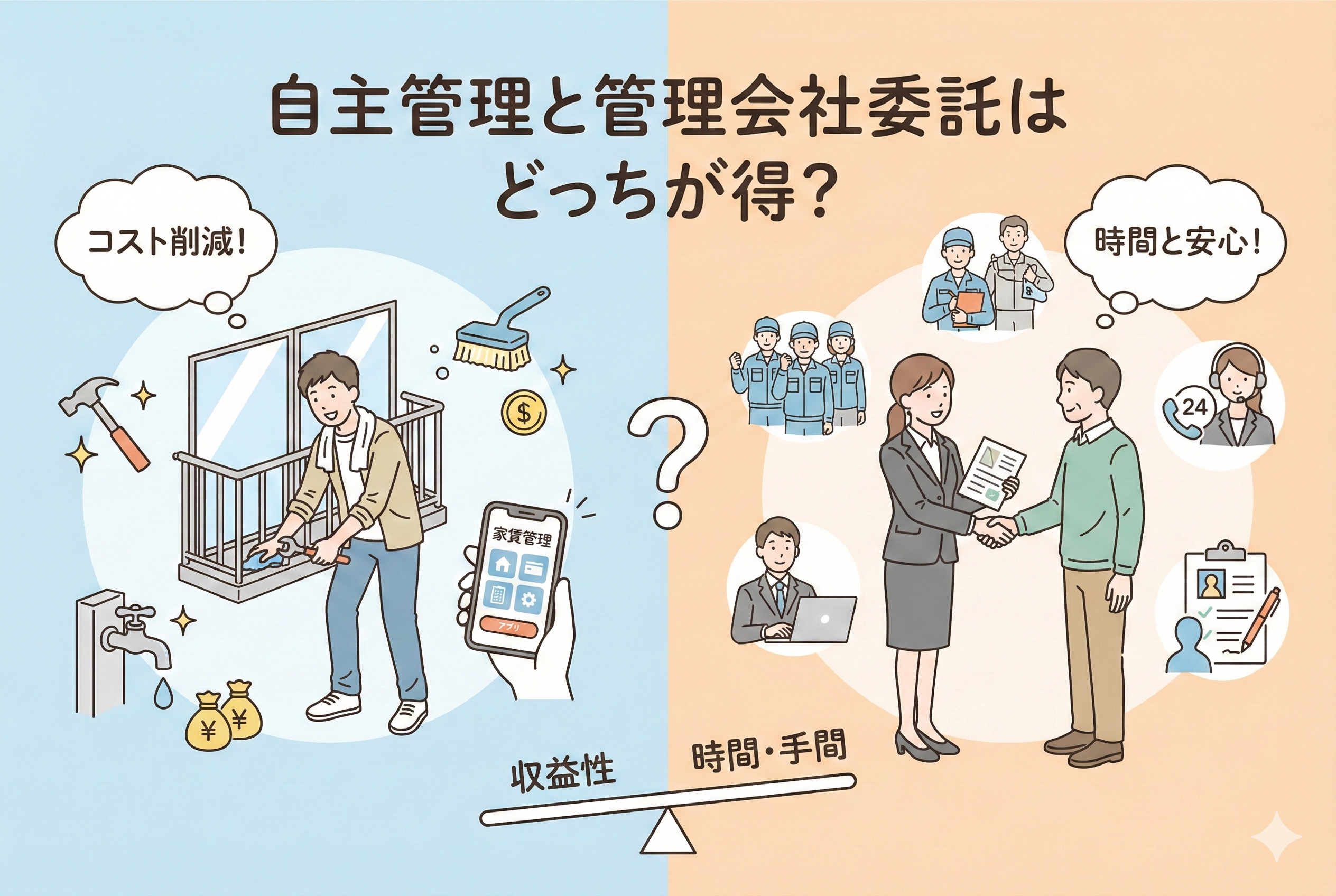 賃貸経営においてオーナー自身がメンテナンスを行う「自主管理」と、プロの業者に任せる「管理会社委託」を天秤にかけて比較しているイラスト。「自主管理と管理会社委託はどっちが得？」という日本語タイトル入りで、収益性と手間のバランスを検討するイメージのアイキャッチ画像。