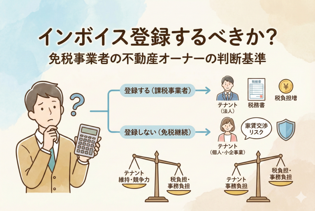 不動産オーナーがインボイス制度に登録すべきかを判断するための図解イラスト。タイトルは「インボイス登録するべきか?免税事業者の不動産オーナーの判断基準」。電卓を持って悩むオーナーの姿と、登録する場合と継続して免税事業者でいる場合のそれぞれのテナントへの影響、税負担、家賃交渉リスクなどをフローチャートと天秤を用いて比較しています。