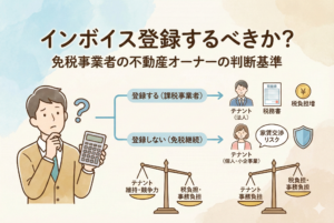 不動産オーナーがインボイス制度に登録すべきかを判断するための図解イラスト。タイトルは「インボイス登録するべきか？免税事業者の不動産オーナーの判断基準」。電卓を持って悩むオーナーの姿と、登録する場合と継続して免税事業者でいる場合のそれぞれのテナントへの影響、税負担、家賃交渉リスクなどをフローチャートと天秤を用いて比較しています。