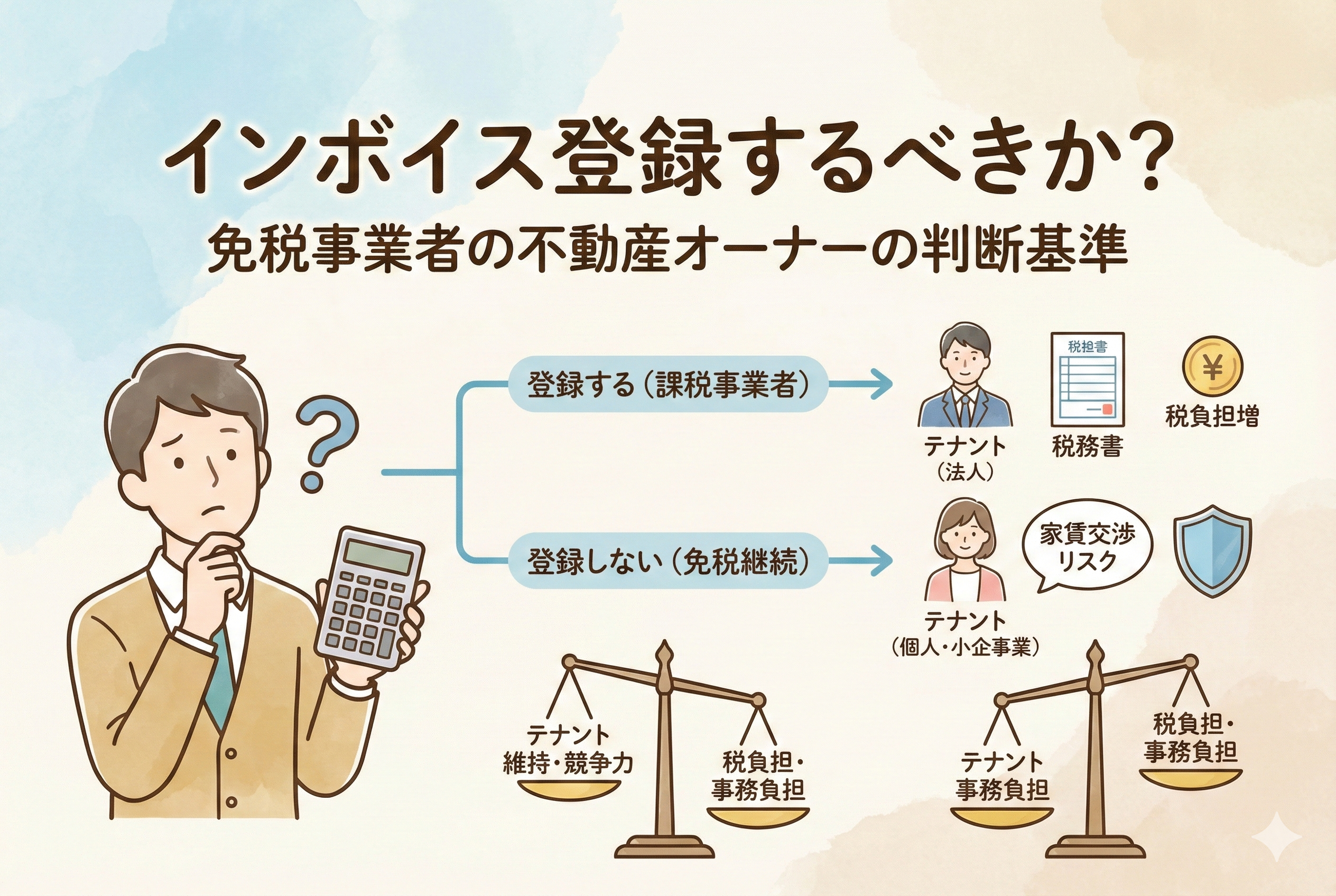 不動産オーナーがインボイス制度に登録すべきかを判断するための図解イラスト。タイトルは「インボイス登録するべきか？免税事業者の不動産オーナーの判断基準」。電卓を持って悩むオーナーの姿と、登録する場合と継続して免税事業者でいる場合のそれぞれのテナントへの影響、税負担、家賃交渉リスクなどをフローチャートと天秤を用いて比較しています。