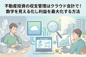 紙の領収書と電卓で苦労していた大家さんが、クラウド会計ソフトとタブレットを導入し、収支のグラフやデータを可視化して利益を最大化させているビフォーアフターのイラスト。「不動産投資の収支管理はクラウド会計で！数字を見える化し利益を最大化する方法」というタイトル入り。
