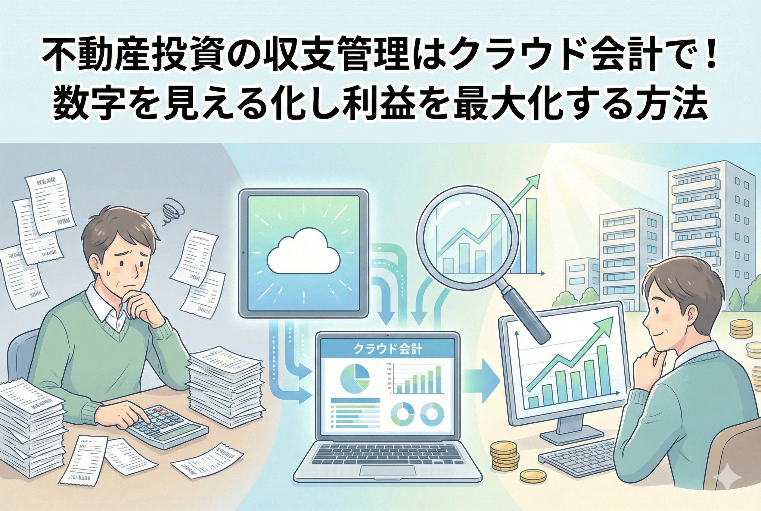 紙の領収書と電卓で苦労していた大家さんが、クラウド会計ソフトとタブレットを導入し、収支のグラフやデータを可視化して利益を最大化させているビフォーアフターのイラスト。「不動産投資の収支管理はクラウド会計で！数字を見える化し利益を最大化する方法」というタイトル入り。