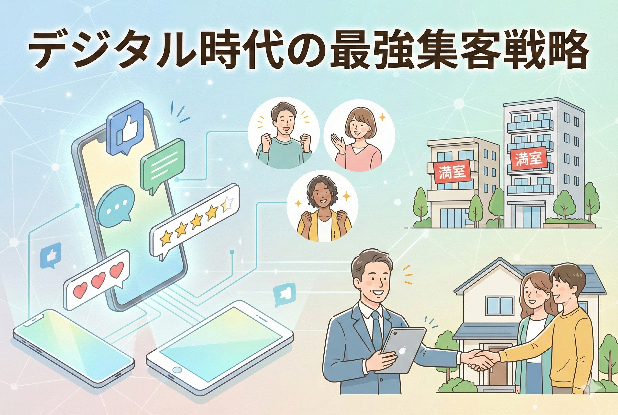 スマートフォンやタブレットからSNSの口コミや評価が広がり、賃貸物件が満室になってオーナーと入居者が笑顔で握手をしている、「デジタル時代の最強集客戦略」というタイトルのイラストアイキャッチ画像。