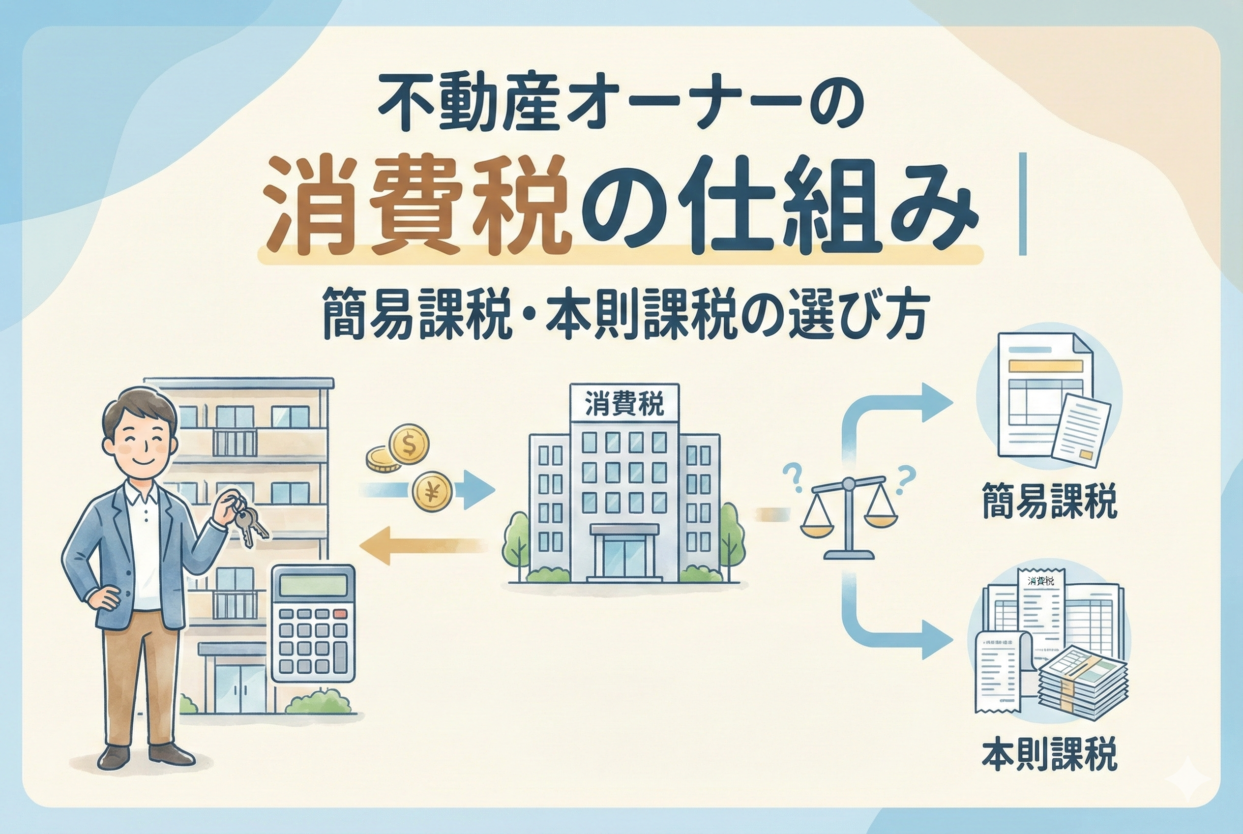 不動産オーナーの消費税の仕組み解説。簡易課税と本則課税の選び方をイメージした、賃貸経営と税金計算のイラスト。
