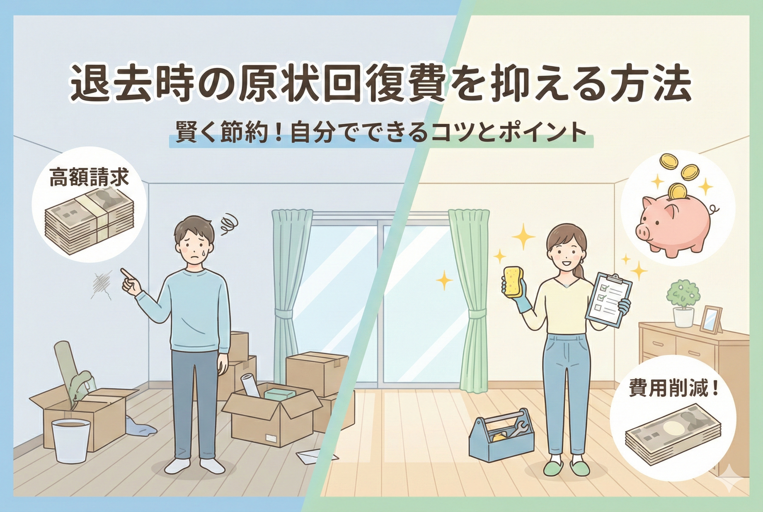 退去時の原状回復費を抑える方法をテーマに、部屋のチェックシート、工具、家のアイコンなどが描かれた淡い色調の親しみやすいアイキャッチ画像。