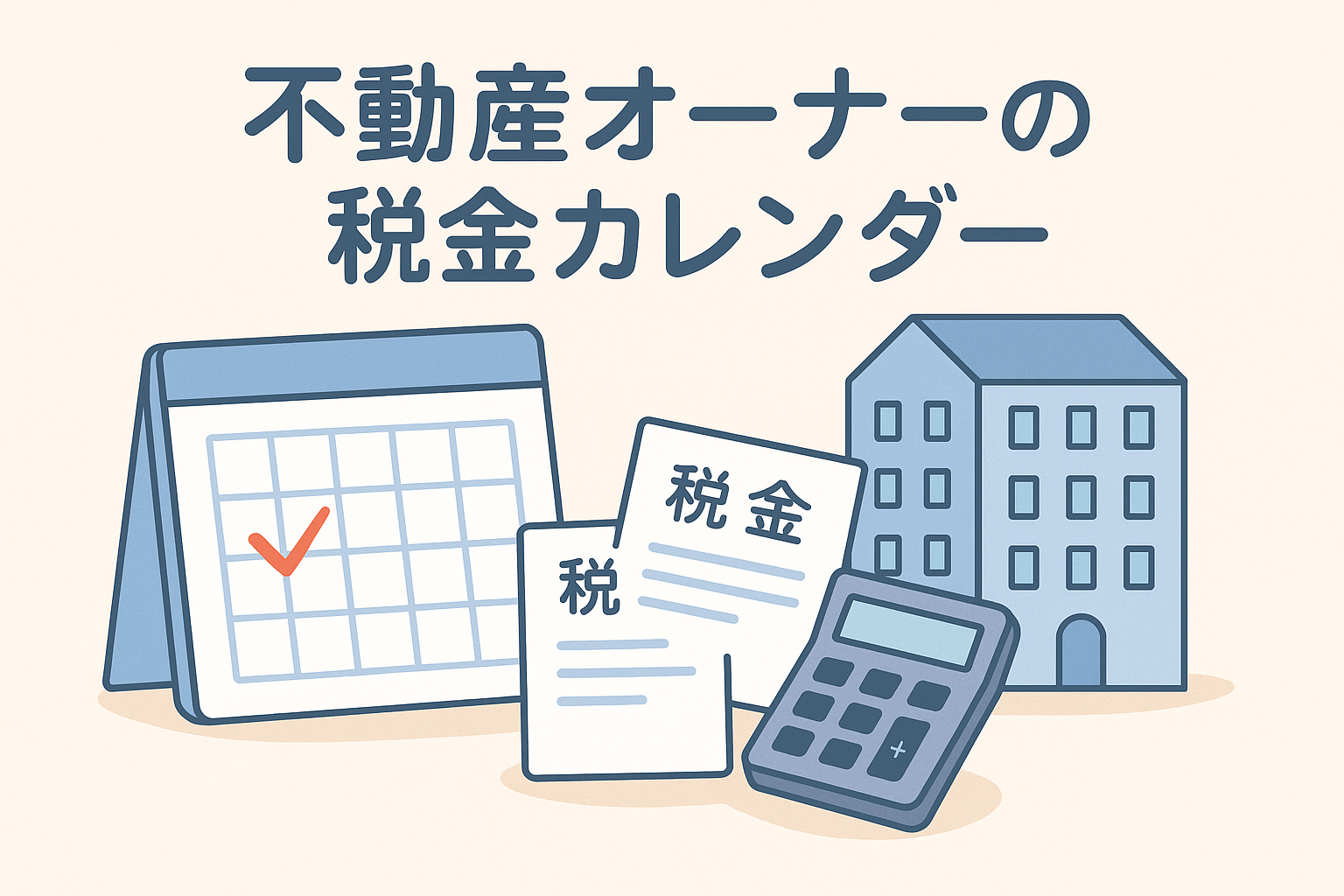 不動産オーナーが一年間に対応する税金スケジュールを表現したイラストで、カレンダー、建物、電卓、税金書類を組み合わせ、日本語見出し「不動産オーナーの税金カレンダー」が配置された画像。
