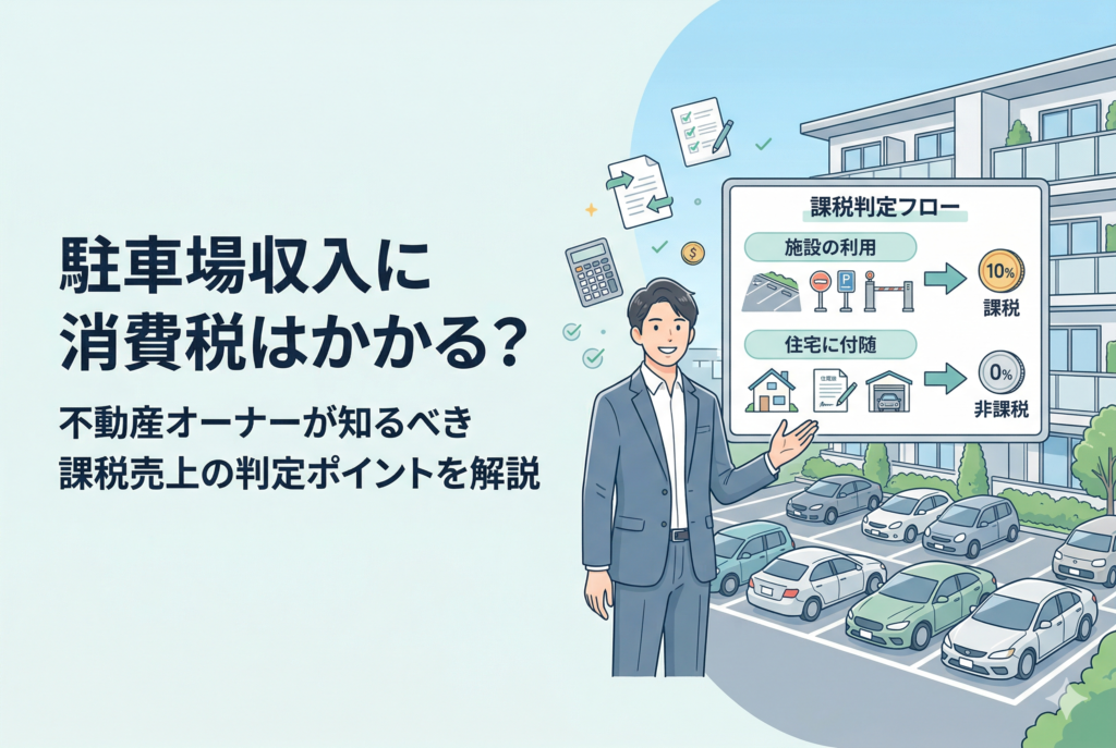 「駐車場収入に消費税はかかる?課税売上の判定ポイントを解説」という記事タイトルが書かれたアイキャッチ画像。アパートの駐車場で、不動産オーナーが『課税判定フロー』のボードを指差し、『施設の利用は課税』『住宅に付随は非課税』と説明しているイラスト。