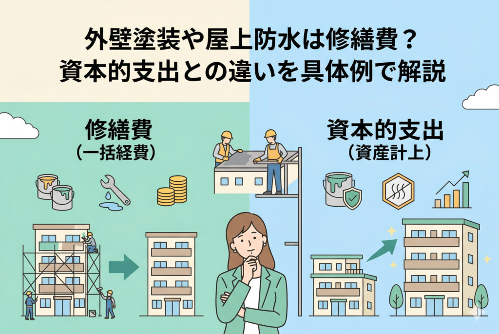 外壁塗装や屋上防水の費用が修繕費か資本的支出かを考える女性不動産オーナーのイラスト。左側は「修繕費(一括経費)」としてアパートの維持管理を、右側は「資本的支出(資産計上)」として建物の価値向上と成長グラフを具体例で対比しています。