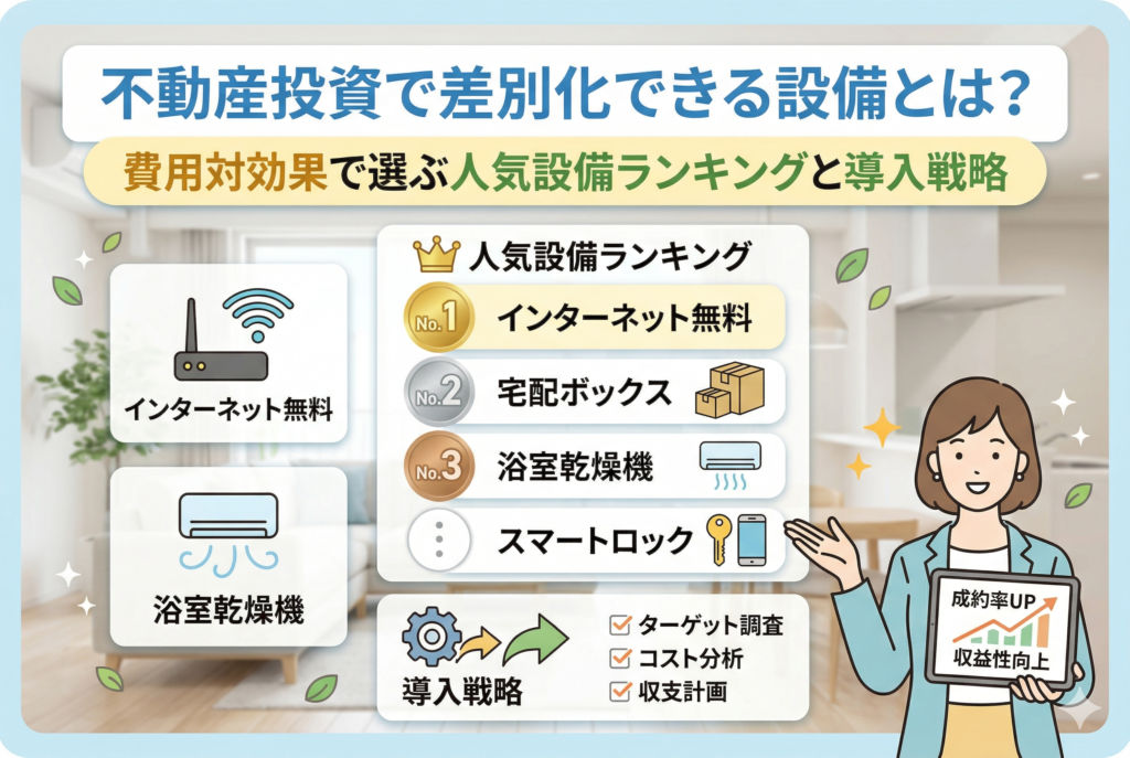 明るいリビングとキッチンを背景に、不動産投資の設備選びを解説するアイキャッチ画像。中央に「人気設備ランキング」として1位インターネット無料、2位宅配ボックス、3位浴室乾燥機、さらにスマートロックがリストアップされています。下部には「導入戦略」としてターゲット調査、コスト分析、収支計画のチェックリストが示され、右側では女性のイラストがタブレットを持ち「成約率UP」「収益性向上」のグラフを提示しています。上部には「不動産投資で差別化できる設備とは？費用対効果で選ぶ人気設備ランキングと導入戦略」というタイトルが大きく記載されています。