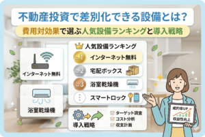明るいリビングとキッチンを背景に、不動産投資の設備選びを解説するアイキャッチ画像。中央に「人気設備ランキング」として1位インターネット無料、2位宅配ボックス、3位浴室乾燥機、さらにスマートロックがリストアップされています。下部には「導入戦略」としてターゲット調査、コスト分析、収支計画のチェックリストが示され、右側では女性のイラストがタブレットを持ち「成約率UP」「収益性向上」のグラフを提示しています。上部には「不動産投資で差別化できる設備とは？費用対効果で選ぶ人気設備ランキングと導入戦略」というタイトルが大きく記載されています。