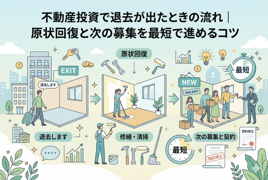 不動産投資における退去発生時のプロセスを視覚化したインフォグラフィック風のアイキャッチ画像。左から、入居者の「退去（スーツケースと空室）」、工事業者による「原状回復（修繕・清掃）」、そして新しい家族との「次の募集と契約（契約成立）」という3つのステップが描かれ、各所に「最短」で進めるコツ（ストップウォッチのアイコン）が示されている。記事タイトル「不動産投資で退去が出たときの流れ｜原状回復と次の募集を最短で進めるコツ」入り。