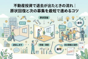 不動産投資における退去発生時のプロセスを視覚化したインフォグラフィック風のアイキャッチ画像。左から、入居者の「退去（スーツケースと空室）」、工事業者による「原状回復（修繕・清掃）」、そして新しい家族との「次の募集と契約（契約成立）」という3つのステップが描かれ、各所に「最短」で進めるコツ（ストップウォッチのアイコン）が示されている。記事タイトル「不動産投資で退去が出たときの流れ｜原状回復と次の募集を最短で進めるコツ」入り。