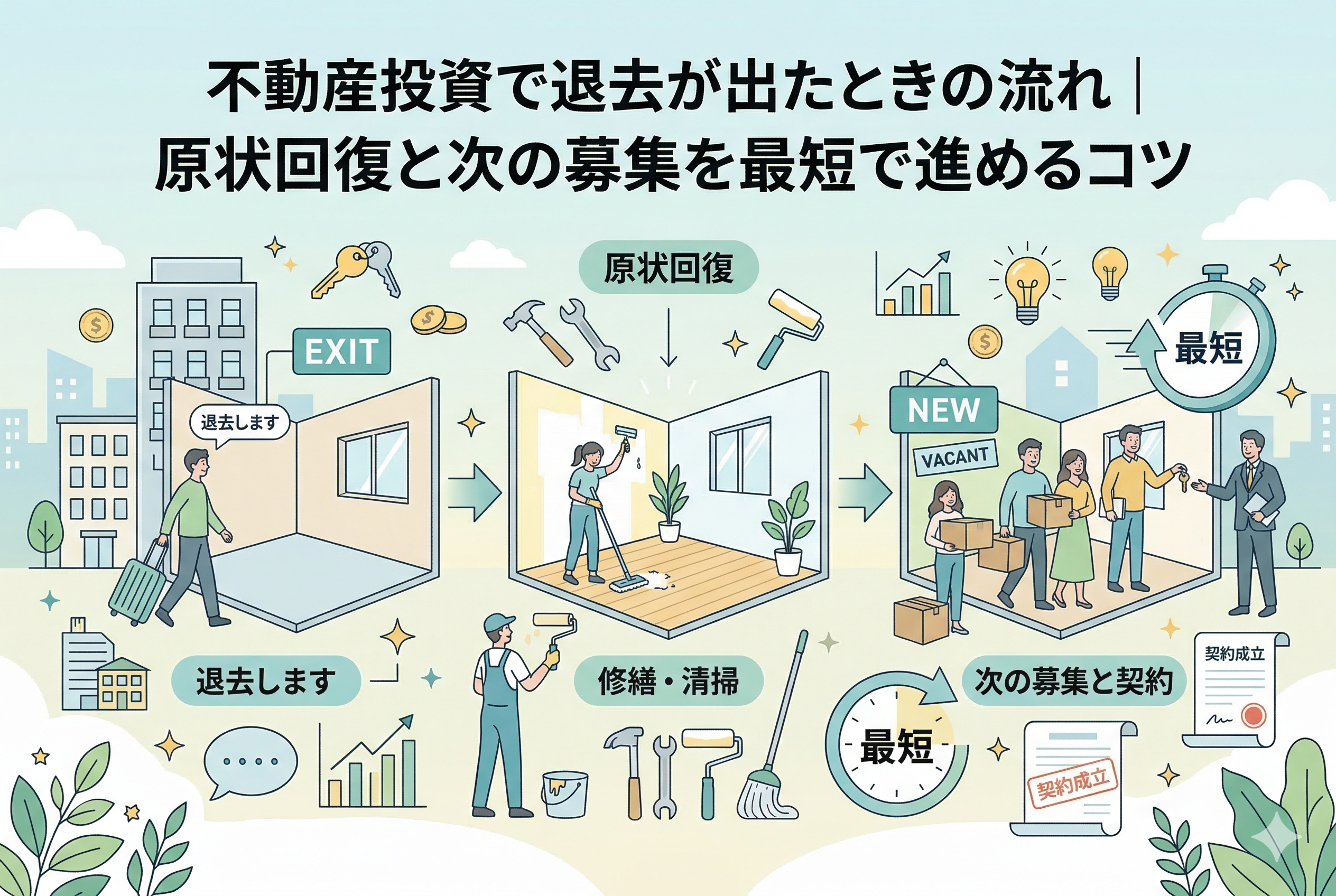 不動産投資における退去発生時のプロセスを視覚化したインフォグラフィック風のアイキャッチ画像。左から、入居者の「退去（スーツケースと空室）」、工事業者による「原状回復（修繕・清掃）」、そして新しい家族との「次の募集と契約（契約成立）」という3つのステップが描かれ、各所に「最短」で進めるコツ（ストップウォッチのアイコン）が示されている。記事タイトル「不動産投資で退去が出たときの流れ｜原状回復と次の募集を最短で進めるコツ」入り。