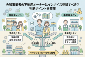 免税事業者の不動産オーナーがインボイス登録の可否を判断するためのインフォグラフィック。中央に悩むオーナーと「税金負担」対「テナント離れ」の天秤。左側には住居用物件で「登録不要」、右側には事業用物件で「登録検討・2割特例活用」という判断ポイントが図解されている。