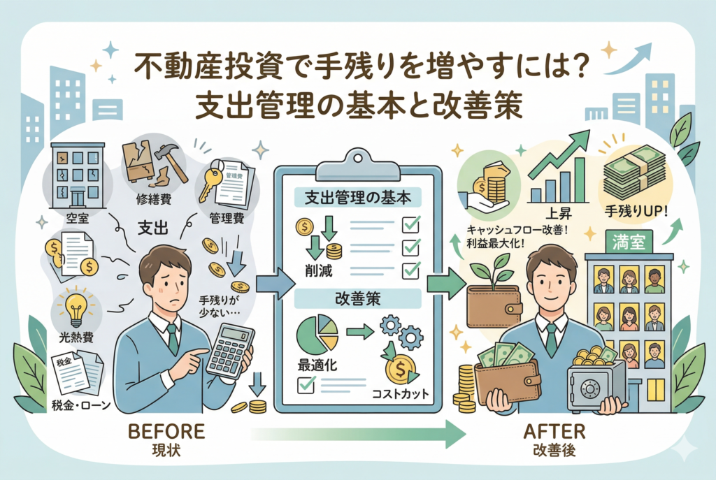 不動産投資でキャッシュフロー（手残り）を増やすための支出管理術を解説するアイキャッチ画像。左側には修繕費や管理費などの支出に悩み「手残りが少ない」と困る男性（BEFORE現状）、中央には「削減」「最適化」「コストカット」という支出管理の基本と改善策、右側にはそれらを実行し満室経営と利益最大化（手残りUP！）を達成し笑顔で札束を持つ男性（AFTER改善後）が、親しみやすいイラストで描かれている。