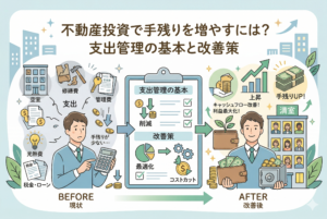 不動産投資でキャッシュフロー（手残り）を増やすための支出管理術を解説するアイキャッチ画像。左側には修繕費や管理費などの支出に悩み「手残りが少ない」と困る男性（BEFORE現状）、中央には「削減」「最適化」「コストカット」という支出管理の基本と改善策、右側にはそれらを実行し満室経営と利益最大化（手残りUP！）を達成し笑顔で札束を持つ男性（AFTER改善後）が、親しみやすいイラストで描かれている。