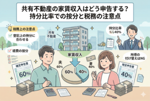 共有名義の不動産における家賃収入の確定申告方法を図解したインフォグラフィック。中央のマンションから生じる家賃収入を、夫60%・妻40%という登記上の持分比率に従って円グラフで按分し、それぞれの確定申告書に記載する様子が描かれています。「登記上の持分に合わせる」「経費の按分」「所得の付け替えはNG」といった税務上の注意点が、電卓や書類を持つ夫婦のイラストと共に視覚的にまとめられています。